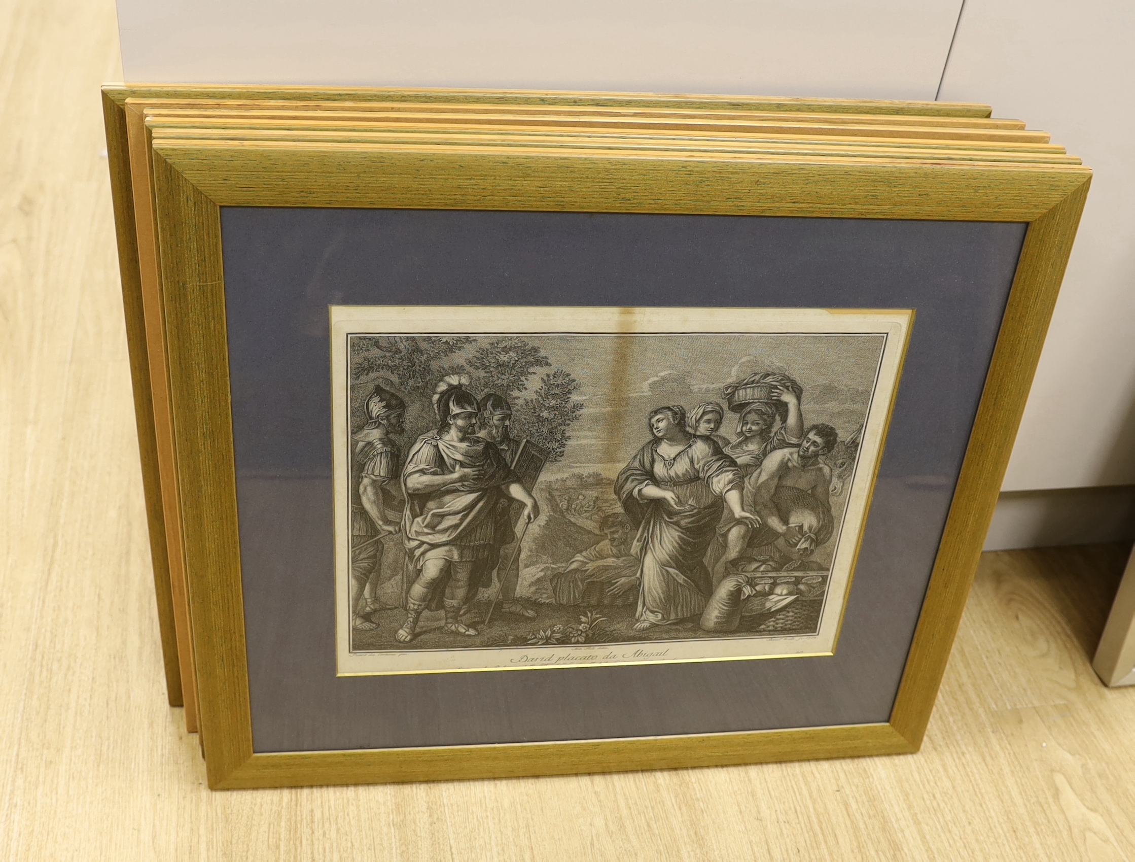 After Benedetto Eredi (Italian, 1750-1812), set of six 18th century engravings, including 'David and Abigail' and 'Sciron and Achilles', each 33 x 42cm